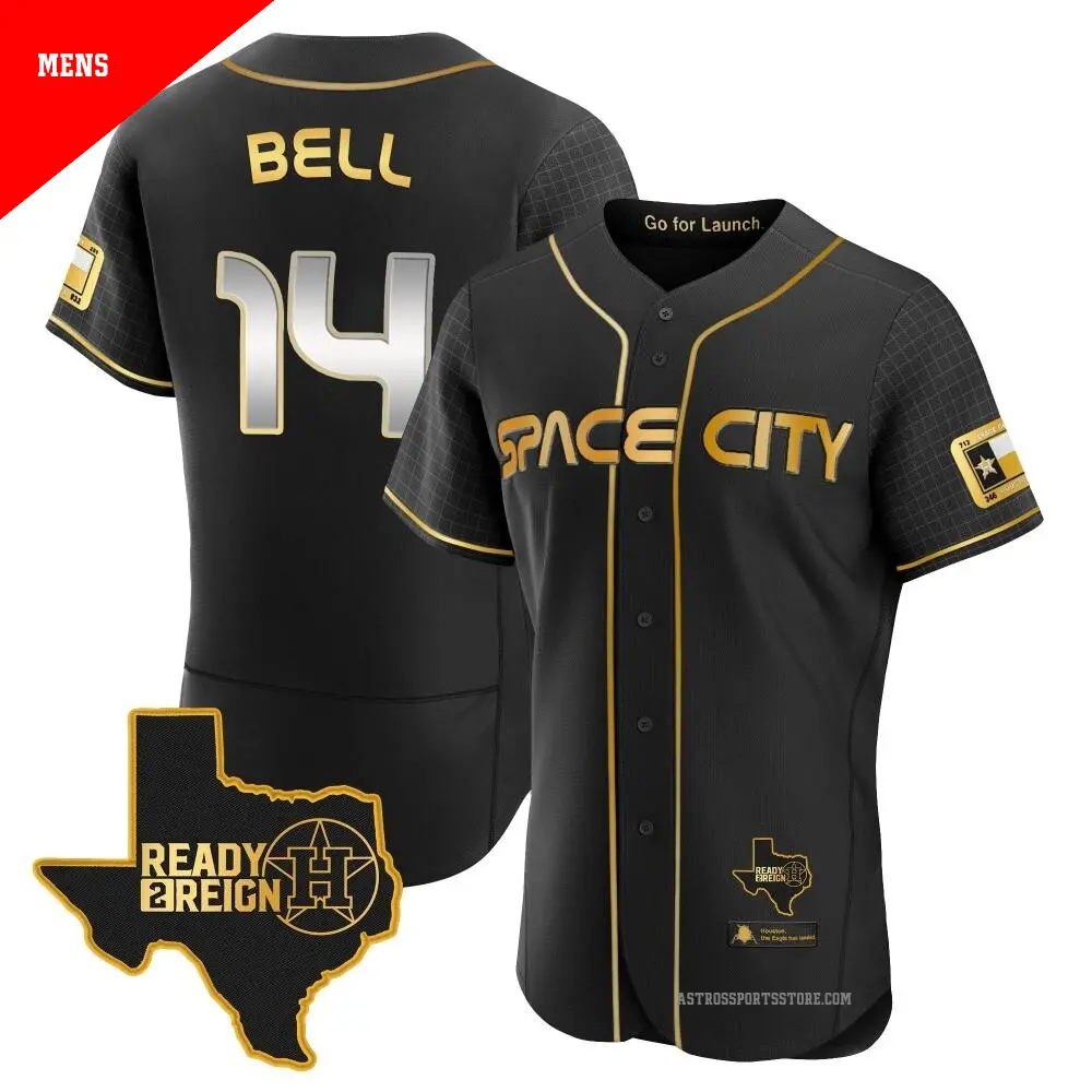 Men's ＃14 Derek Bell Houston Astros Black/Gold Authentic 2023 Space City Ready 2 Reign Flex Base Jersey