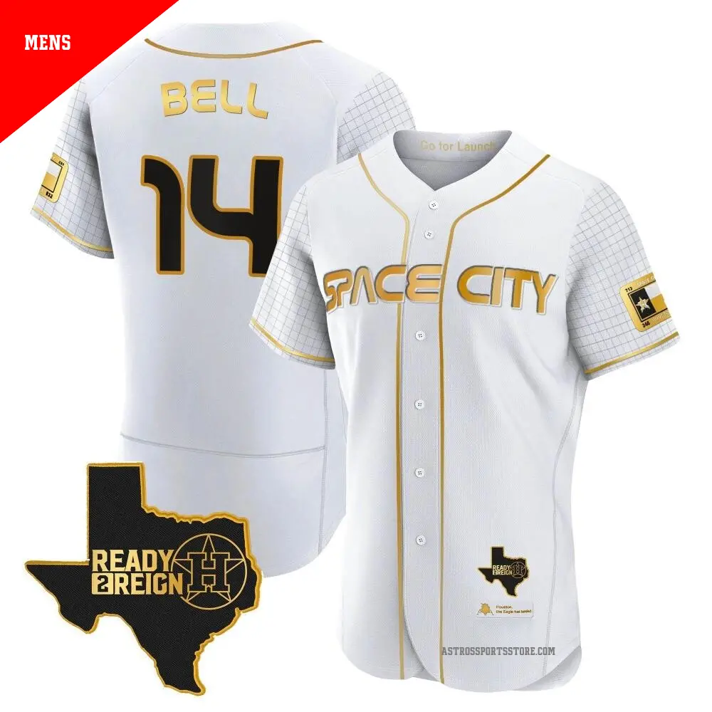 Men's ＃14 Derek Bell Houston Astros White/Gold Authentic 2023 Space City Ready 2 Reign Flex Base Jersey