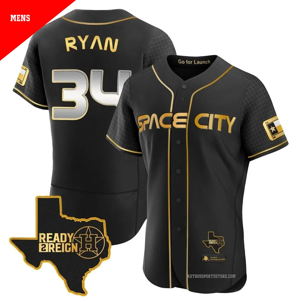 Men's ＃34 Nolan Ryan Houston Astros Black/Gold Authentic 2023 Space City Ready 2 Reign Flex Base Jersey