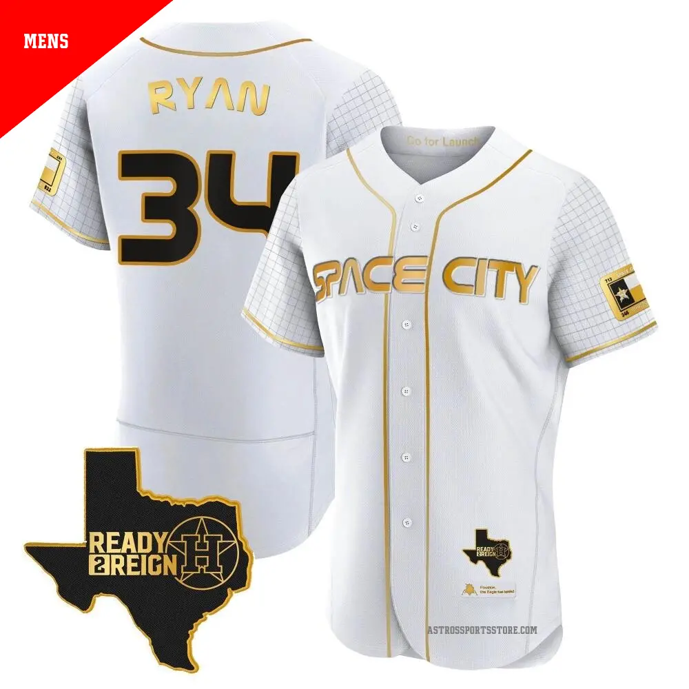 Men's ＃34 Nolan Ryan Houston Astros White/Gold Authentic 2023 Space City Ready 2 Reign Flex Base Jersey