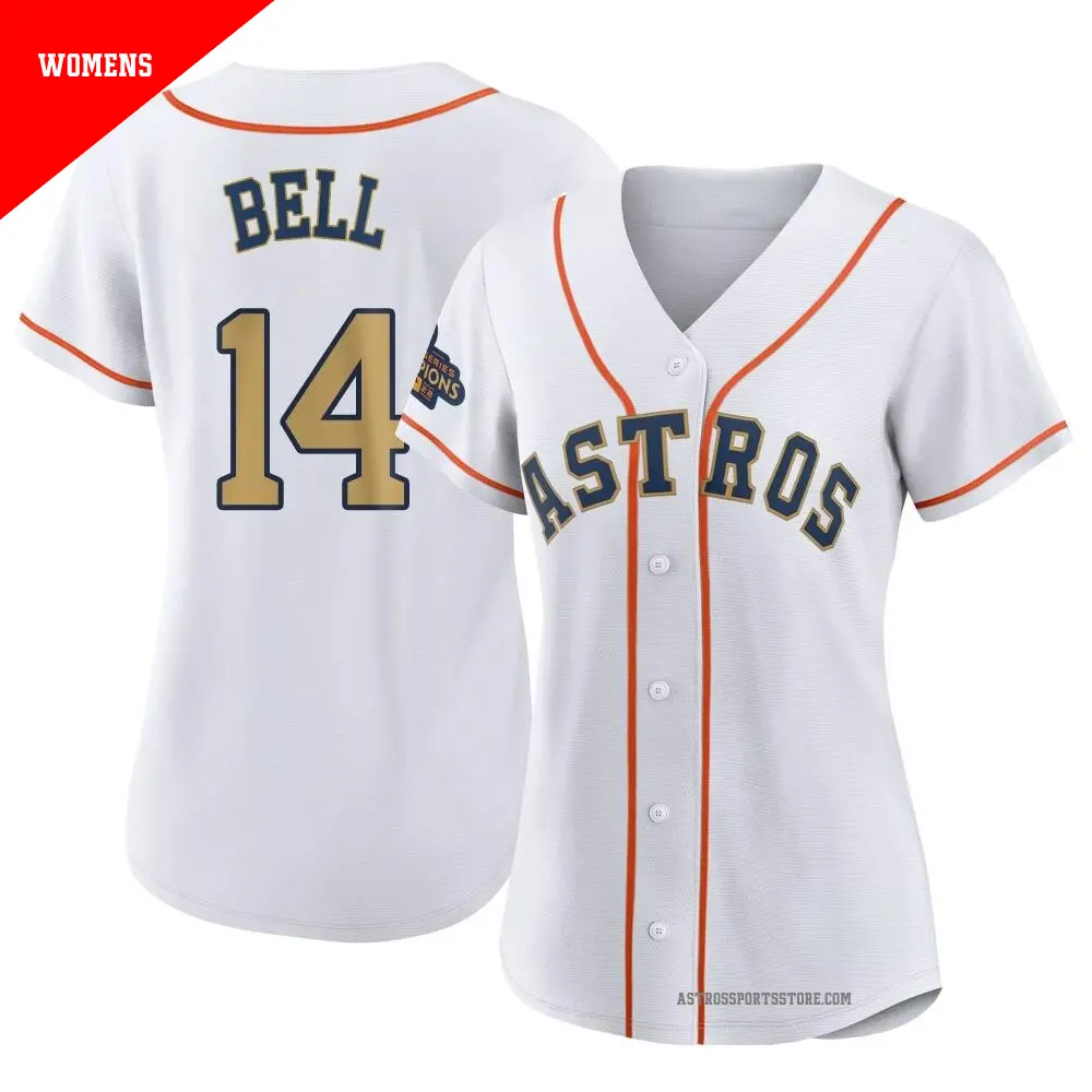 Women's ＃14 Derek Bell Houston Astros Gold Authentic White 2023 Collection Jersey