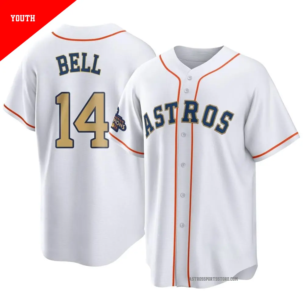 Youth ＃14 Derek Bell Houston Astros Gold Replica White 2023 Collection Jersey