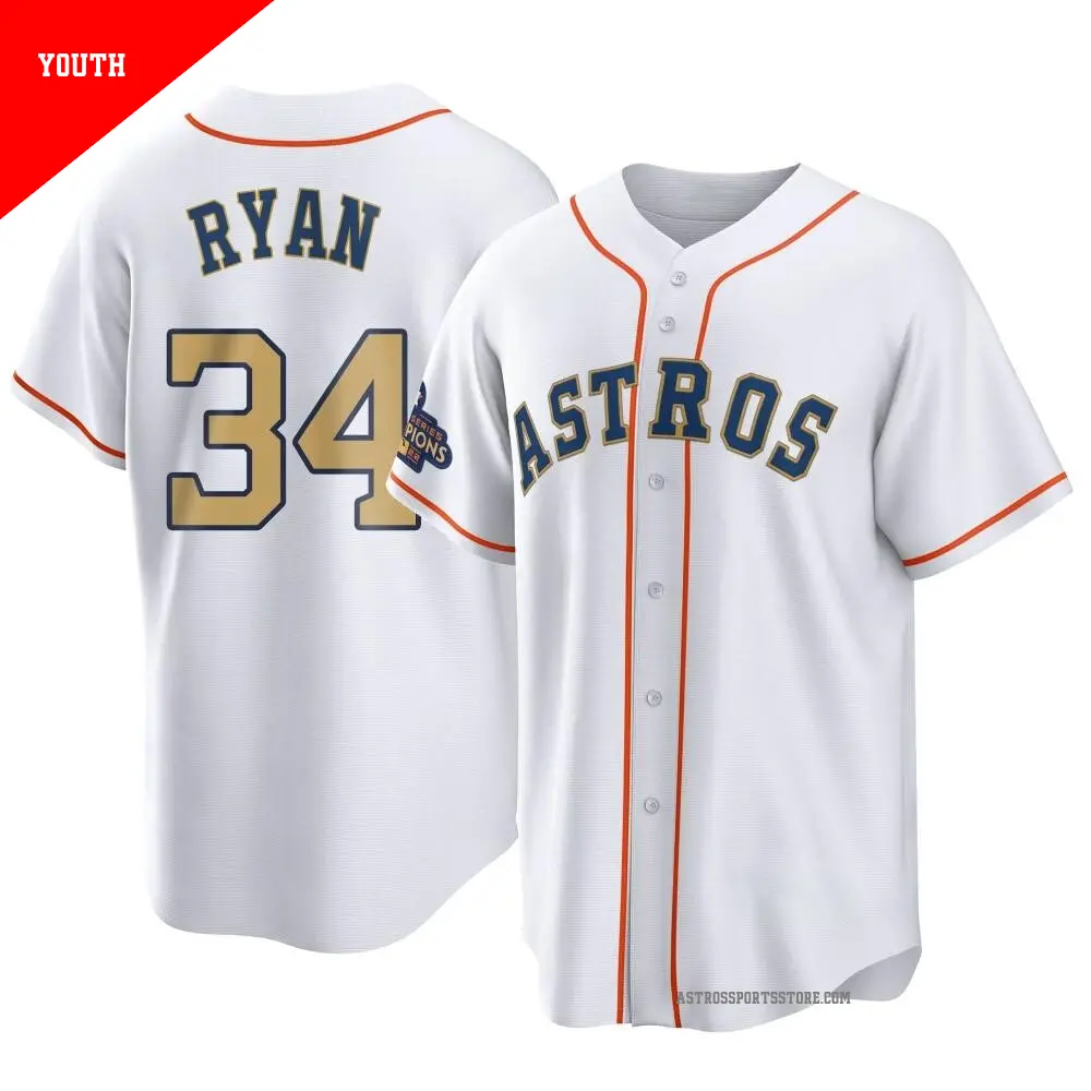 Youth ＃34 Nolan Ryan Houston Astros Gold Replica White 2023 Collection Jersey